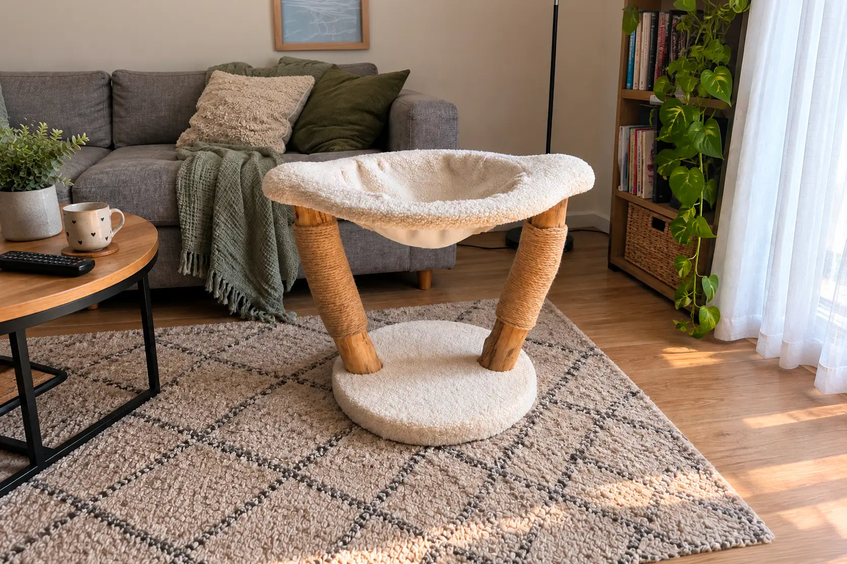 Hamac pour chat en troncs de hêtre et bouclette, dans un salon